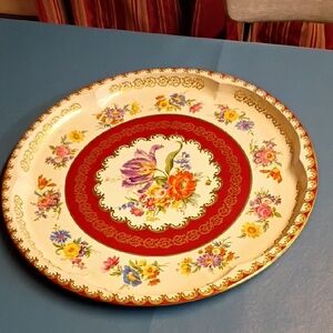 Vintage Daher Ware Floral Serveware Plate with Red and Gold Accents